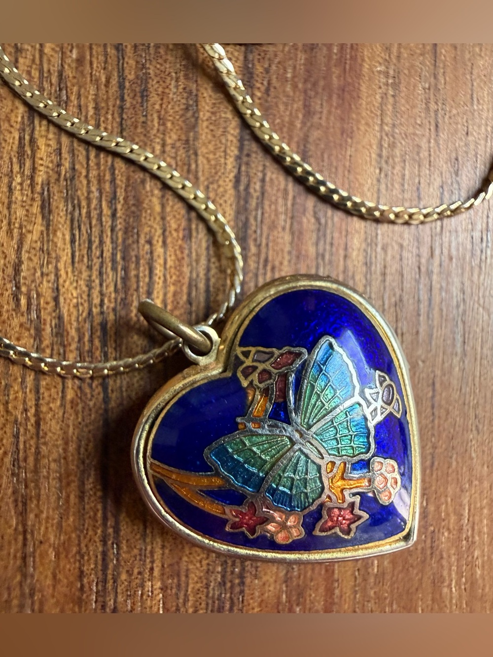 Vintage Heart Enamel Cloisonné Butterfly Pendant Locket Necklace - Blue & Green